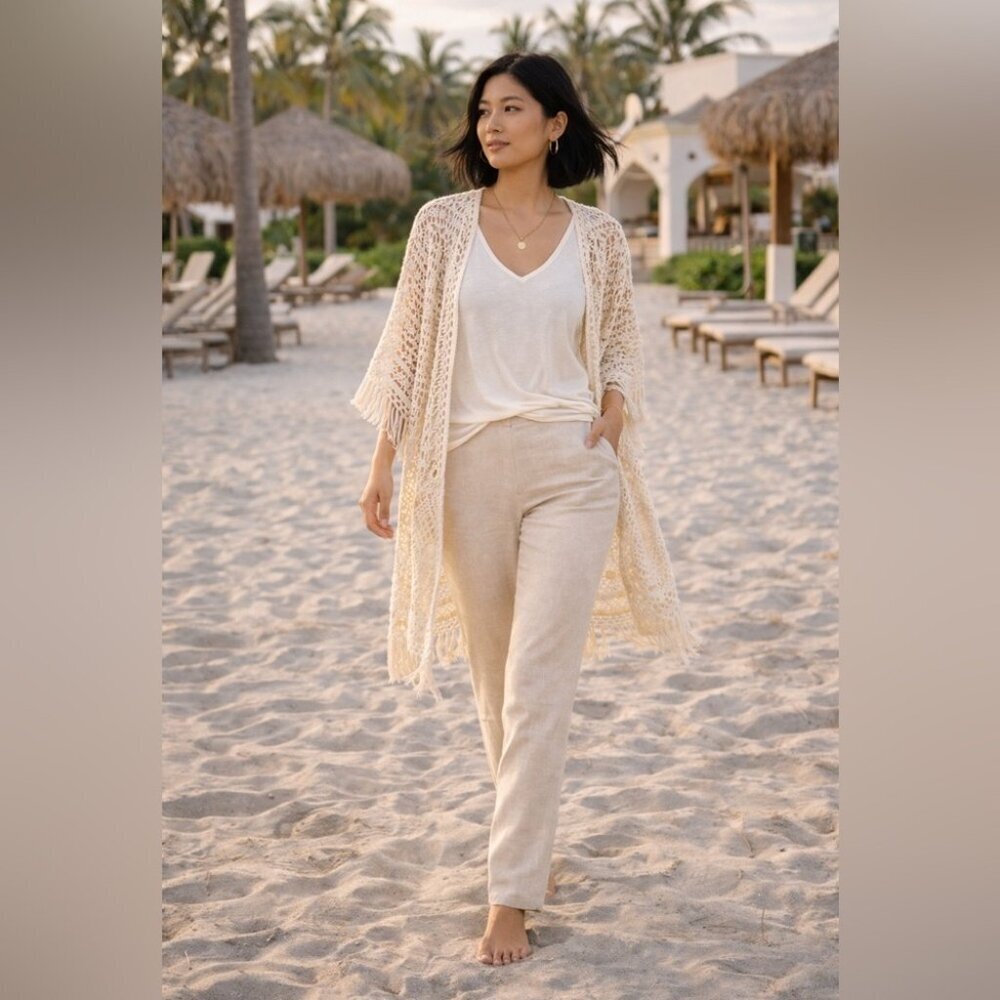 Flax Linen Pants Pull On Relaxed Waist Minimalist Size S Resort Wear Summer